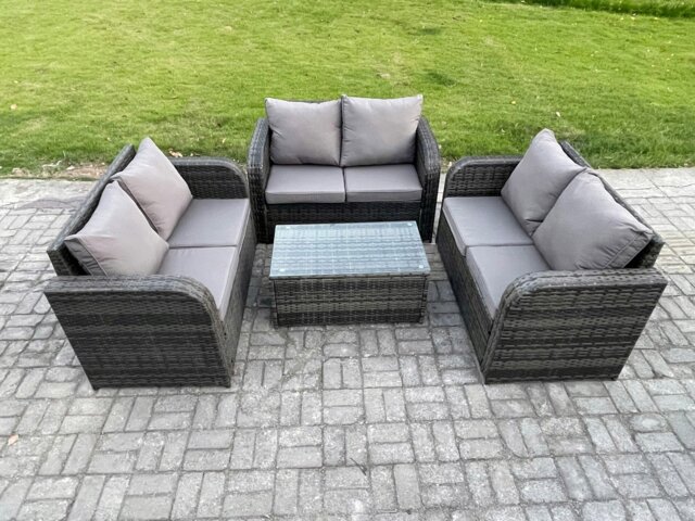 Rackhams Outdoor Garden Furniture Sets 6 Seater Wicker Rattan Furniture Sofa Sets with Rectangular Coffee Table Love Sofa Dark Grey Mixed - image 1