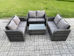 Rackhams Outdoor Garden Furniture Sets 6 Seater Wicker Rattan Furniture Sofa Sets with Rectangular Coffee Table Love Sofa Dark Grey Mixed - thumbnail 1