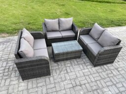 Rackhams Outdoor Garden Furniture Sets 6 Seater Wicker Rattan Furniture Sofa Sets with Rectangular Coffee Table Love Sofa Dark Grey Mixed - thumbnail 2