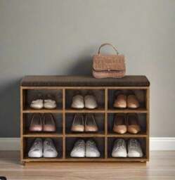Rackhams Storage Shoe Bench with Padded Seat and Cushion, 9 Compartments with Adjustable Shelves