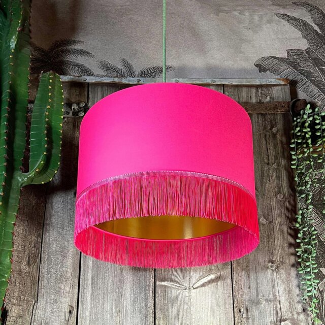 "Rackhams Pomegranate Pink Lampshade with Gold Lining & Pink Fringing - Ceiling Pendant / Arc Lamp - 30cm Diameter x 30cm Height / (12"" x 12"")" - image 1