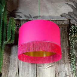 "Rackhams Pomegranate Pink Lampshade with Gold Lining & Pink Fringing - Ceiling Pendant / Arc Lamp - 30cm Diameter x 30cm Height / (12"" x 12"")" - thumbnail 1