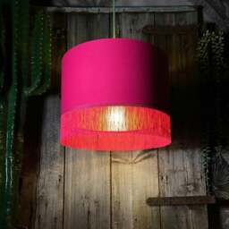 "Rackhams Pomegranate Pink Lampshade with Gold Lining & Pink Fringing - Ceiling Pendant / Arc Lamp - 30cm Diameter x 30cm Height / (12"" x 12"")" - thumbnail 2
