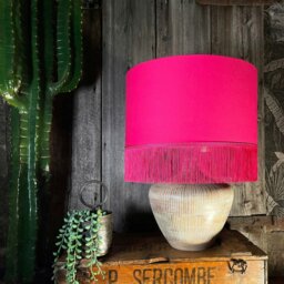 "Rackhams Pomegranate Pink Lampshade with Gold Lining & Pink Fringing - Ceiling Pendant / Arc Lamp - 30cm Diameter x 30cm Height / (12"" x 12"")" - thumbnail 5