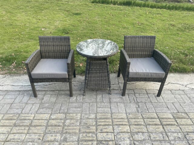 Rackhams Wicker PE Outdoor Rattan Garden Furniture Arm Chair And Table Dining Sets 2 Seater Small Round Table Dark Grey Mixed - image 1