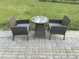 Rackhams Wicker PE Outdoor Rattan Garden Furniture Arm Chair And Table Dining Sets 2 Seater Small Round Table Dark Grey Mixed - thumbnail 2