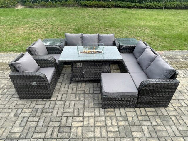 Rackhams Rattan Outdoor Garden Furniture Set with Gas Fire Pit Dining Table, 2 Side Tables, 2 Chairs, 2 Sofas & 1 Footstool - 9 Seater - Dark Grey - image 1