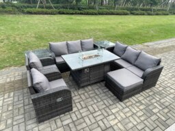 Rackhams Rattan Outdoor Garden Furniture Set with Gas Fire Pit Dining Table, 2 Side Tables, 2 Chairs, 2 Sofas & 1 Footstool - 9 Seater - Dark Grey - thumbnail 2
