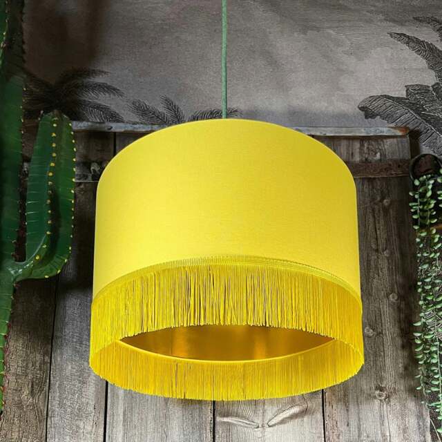 "Rackhams Banana Yellow Lampshade with Gold Lining & Yellow Fringing - Table / Floor Lamp - 30cm Diameter x 30cm Height / (12"" x 12"")" - image 1