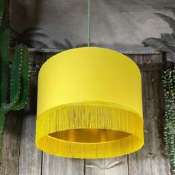 "Rackhams Banana Yellow Lampshade with Gold Lining & Yellow Fringing - Table / Floor Lamp - 30cm Diameter x 30cm Height / (12"" x 12"")" - thumbnail 1
