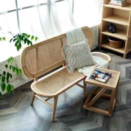 Rackhams Penny Cane Rattan Bench, Oak - Three Seater - Black - thumbnail 2