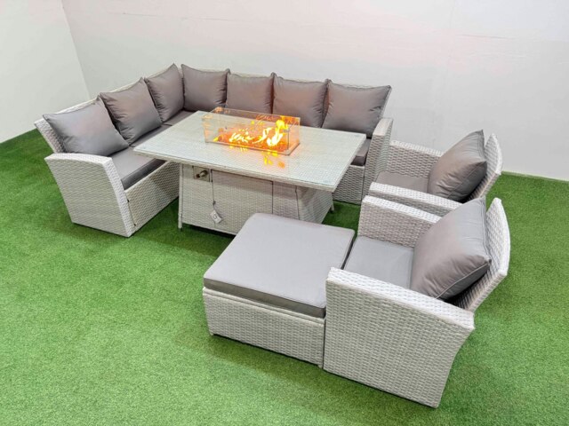 Rackhams Rattan Corner Sofa Chair Set Outdoor Furniture Garden Dining Sets Gas Fire Pit Table with Temper Glass Footstools Light Grey Mixed - image 1