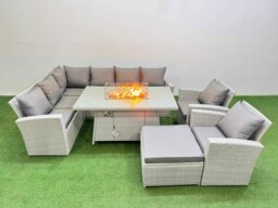 Rackhams Rattan Corner Sofa Chair Set Outdoor Furniture Garden Dining Sets Gas Fire Pit Table with Temper Glass Footstools Light Grey Mixed - thumbnail 2