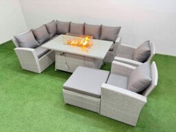 Rackhams Rattan Corner Sofa Chair Set Outdoor Furniture Garden Dining Sets Gas Fire Pit Table with Temper Glass Footstools Light Grey Mixed - thumbnail 1
