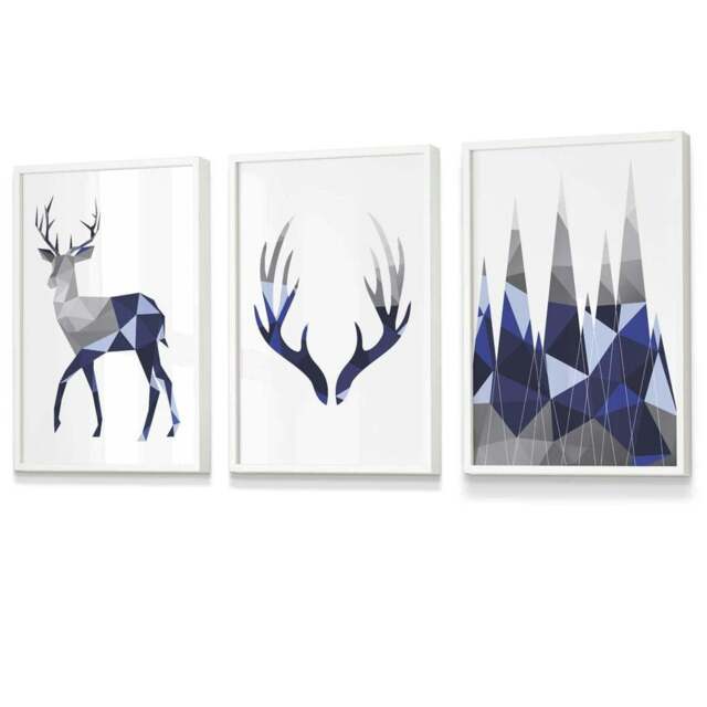 Rackhams Geometric Navy Blue Grey Stags Framed Wall Art Set - 50x70cm - White - image 1