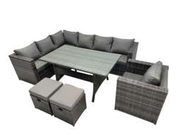 Rackhams Outdoor PE Rattan Sofa Set with Dining Table Patio Garden Furniture Sets with Chair 2 Small Stool Dark Grey Mixed - thumbnail 1