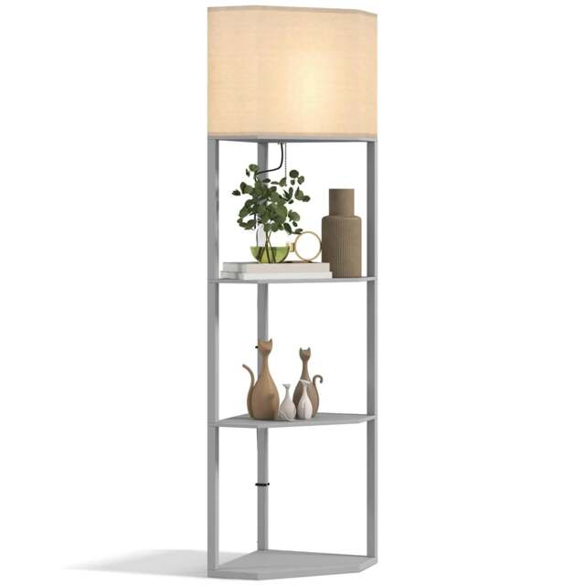 Rackhams Corner Floor Lamp with Shelves, Tall Standing Lamps for Living Room, with Pull Chain Switch Bulb not Included, Grey