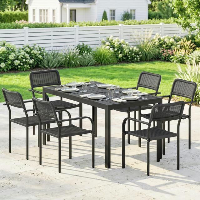 Rackhams Garden Dining Set with Umbrella Hole for 6 People, Black - Steel, PP plastic - 7-piece set - Table: 150 x 80 x 74 cm Chair: 55 x 60 x 83 cm - image 1