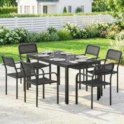Rackhams Garden Dining Set with Umbrella Hole for 6 People, Black - Steel, PP plastic - 7-piece set - Table: 150 x 80 x 74 cm Chair: 55 x 60 x 83 cm