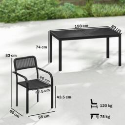 Rackhams Garden Dining Set with Umbrella Hole for 6 People, Black - Steel, PP plastic - 7-piece set - Table: 150 x 80 x 74 cm Chair: 55 x 60 x 83 cm - thumbnail 3