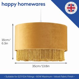 "Rackhams Modern Ochre Mustard Drum 14"" Pendant Shade with Tassels and Embroidered Trim" - thumbnail 6