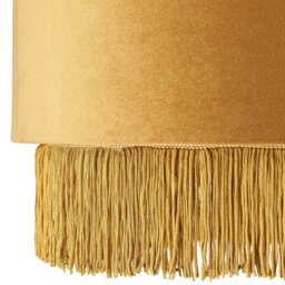 "Rackhams Modern Ochre Mustard Drum 14"" Pendant Shade with Tassels and Embroidered Trim" - thumbnail 3