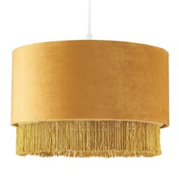 "Rackhams Modern Ochre Mustard Drum 14"" Pendant Shade with Tassels and Embroidered Trim"
