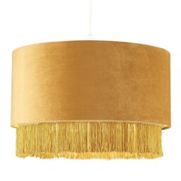"Rackhams Modern Ochre Mustard Drum 14"" Pendant Shade with Tassels and Embroidered Trim" - thumbnail 2
