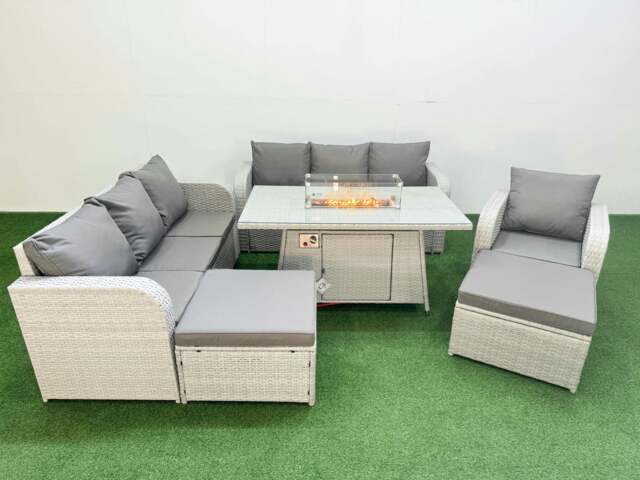 Rackhams 9 Seater Rattan Outdoor Garden Furniture Fire Pit Dining Table Sofa Set 3 Seater Sofa Reclining Chair 3 Seater Sofa 2 Big Footstools Light Grey - image 1