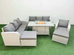 Rackhams 9 Seater Rattan Outdoor Garden Furniture Fire Pit Dining Table Sofa Set 3 Seater Sofa Reclining Chair 3 Seater Sofa 2 Big Footstools Light Grey - thumbnail 1