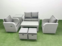 Rackhams Light Grey PE Wicker Rattan Garden Furniture Set Sofa Set Reclining Adjustable Chair Oblong Coffee Table 6 Seater 2 Small Stools Side Table - thumbnail 1