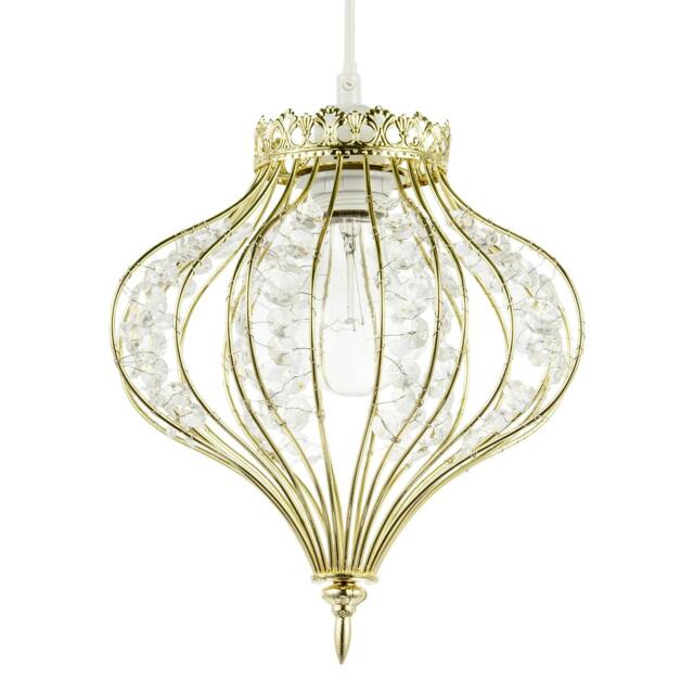 Rackhams Unique Teardrop Shiny Gold Pendant Lamp Shade with Clear Acrylic Beads - image 1