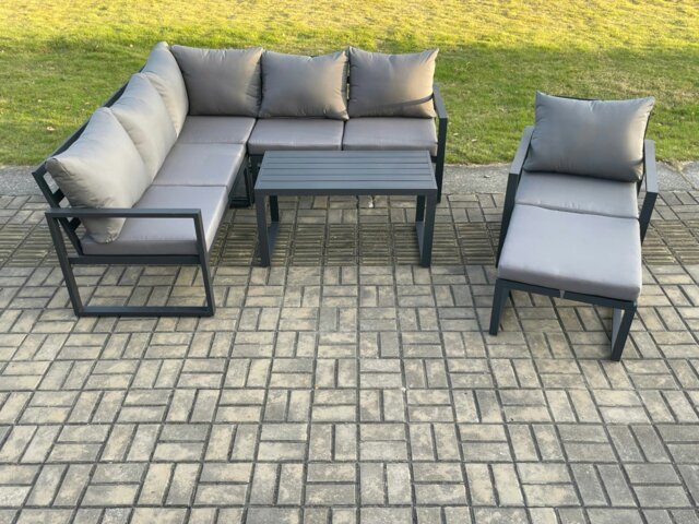 Rackhams Aluminium Outdoor Garden Furniture Set Lounge Sofa Oblong Coffee Table Sets with Chair Big Footstool Indoor Conservatory Set Dark Grey