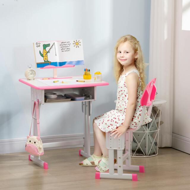 Rackhams Kids Desk and Chair Set Adjustable Height Study Table Set w/ Drawer, Book Stand, Pen Slot - Pink - image 1