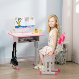 Rackhams Kids Desk and Chair Set Adjustable Height Study Table Set w/ Drawer, Book Stand, Pen Slot - Pink - thumbnail 3