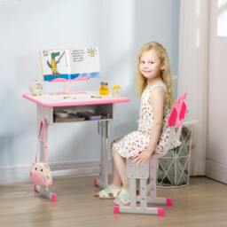 Rackhams Kids Desk and Chair Set Adjustable Height Study Table Set w/ Drawer, Book Stand, Pen Slot - Pink