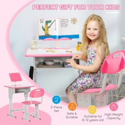 Rackhams Kids Desk and Chair Set Adjustable Height Study Table Set w/ Drawer, Book Stand, Pen Slot - Pink - thumbnail 4