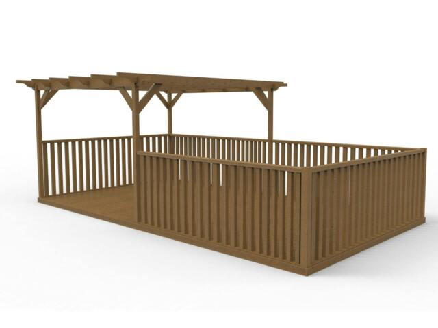 Rackhams Rectangular Pergola and Decking Kit With Balustrades V.12 - Rustic Brown - 2.4m x 3.6m - image 1