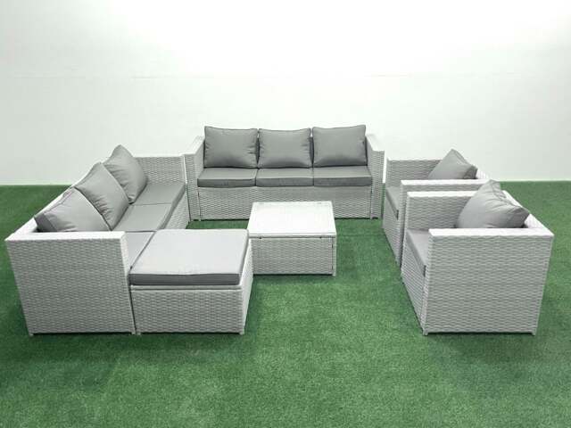 Rackhams Outdoor Rattan Sofa Garden Furniture Set with 2 Armchairs Square Coffee Table Big Footstool Light Grey Mixed - image 1