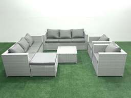 Rackhams Outdoor Rattan Sofa Garden Furniture Set with 2 Armchairs Square Coffee Table Big Footstool Light Grey Mixed - thumbnail 1