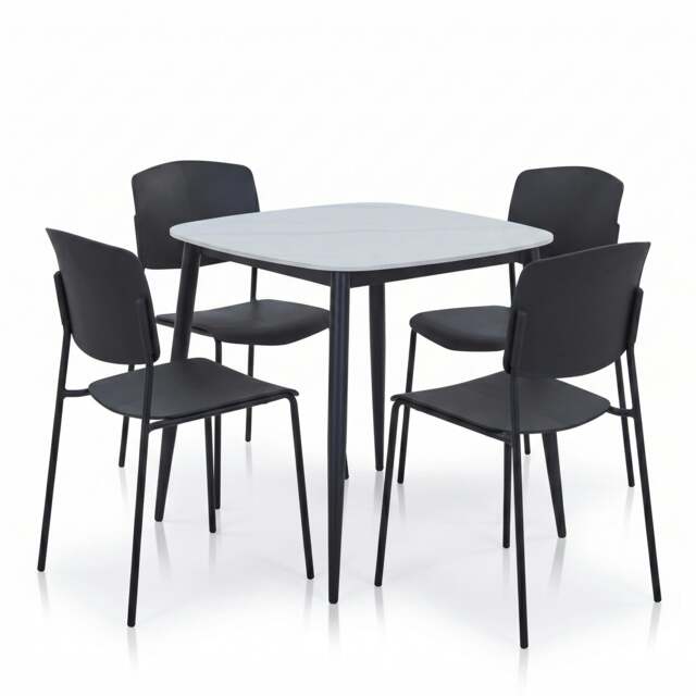 Rackhams Aspen Dining Set - White Sintered Stone Square Table & 4 Academy Dining Chairs - Black - image 1