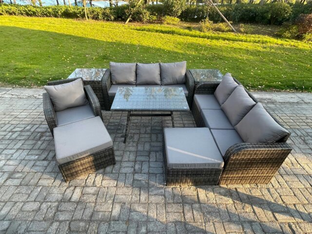 Rackhams Wicker 8 Pieces Rattan Garden Furniture Sofa Set with Rectangular Dining Table Armchair 2 Big Footstool 2 Side Table Dark Grey Mixed - image 1