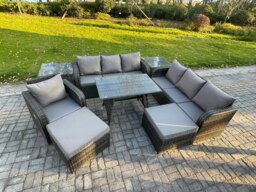 Rackhams Wicker 8 Pieces Rattan Garden Furniture Sofa Set with Rectangular Dining Table Armchair 2 Big Footstool 2 Side Table Dark Grey Mixed - thumbnail 2