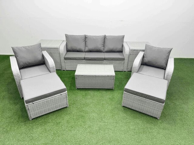 Rackhams PE Rattan Garden Furniture Set Reclining Chair Sofa Lounge Sofa Set Oblong Coffee Table 2 Side Table 2 Big Footstool Light Grey - image 1