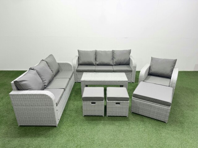 Rackhams 10-Seater Light Grey Poly Rattan Outdoor Sofa Set - Oblong Coffee Table, 2x 3-Seater Sofas, Reclining Chair, 3 Stools - image 1