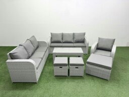 Rackhams 10-Seater Light Grey Poly Rattan Outdoor Sofa Set - Oblong Coffee Table, 2x 3-Seater Sofas, Reclining Chair, 3 Stools - thumbnail 1