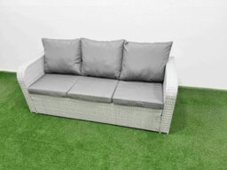 Rackhams 10-Seater Light Grey Poly Rattan Outdoor Sofa Set - Oblong Coffee Table, 2x 3-Seater Sofas, Reclining Chair, 3 Stools - thumbnail 3