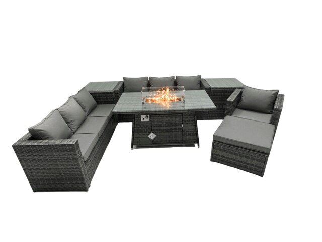 Rackhams Rattan Garden Furniture Fire Pit Dining Set 8 Seater Lounge Sofa Table Set with 2 side table big Footstool - image 1