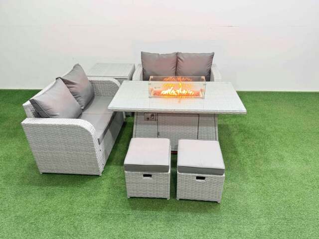 Rackhams 6 Seater Outdoor Love Sofa Set Rattan Garden Furniture Set with Fire Pit Dining Table 2 Small Stools Side Table Light Grey - image 1