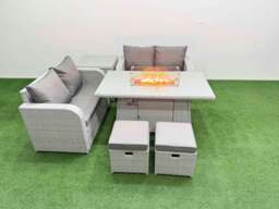 Rackhams 6 Seater Outdoor Love Sofa Set Rattan Garden Furniture Set with Fire Pit Dining Table 2 Small Stools Side Table Light Grey - thumbnail 1
